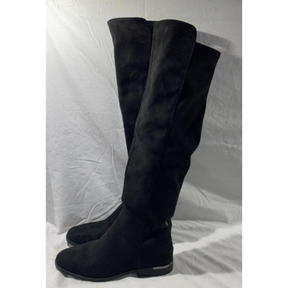 Nine West Wmns Black Faux Suede Over The Knee Tall Boots Silver Heel Accent 7.5